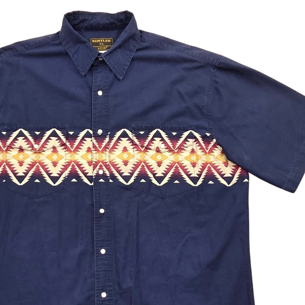 Rustler Wrangler Aztec Southwestern Short Sleeve Pearl‎ Snap Shirt Blue Mens XL